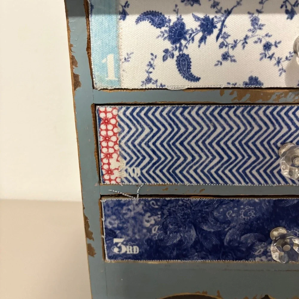 Shabby Chic Blue Distressed Mini Chest 3 Drawers Patchwork Fabric Jewelry Box